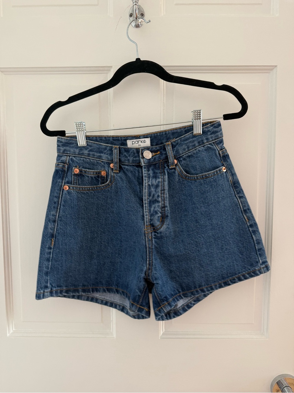 Parke Dark Blue High-Rise Denim Shorts